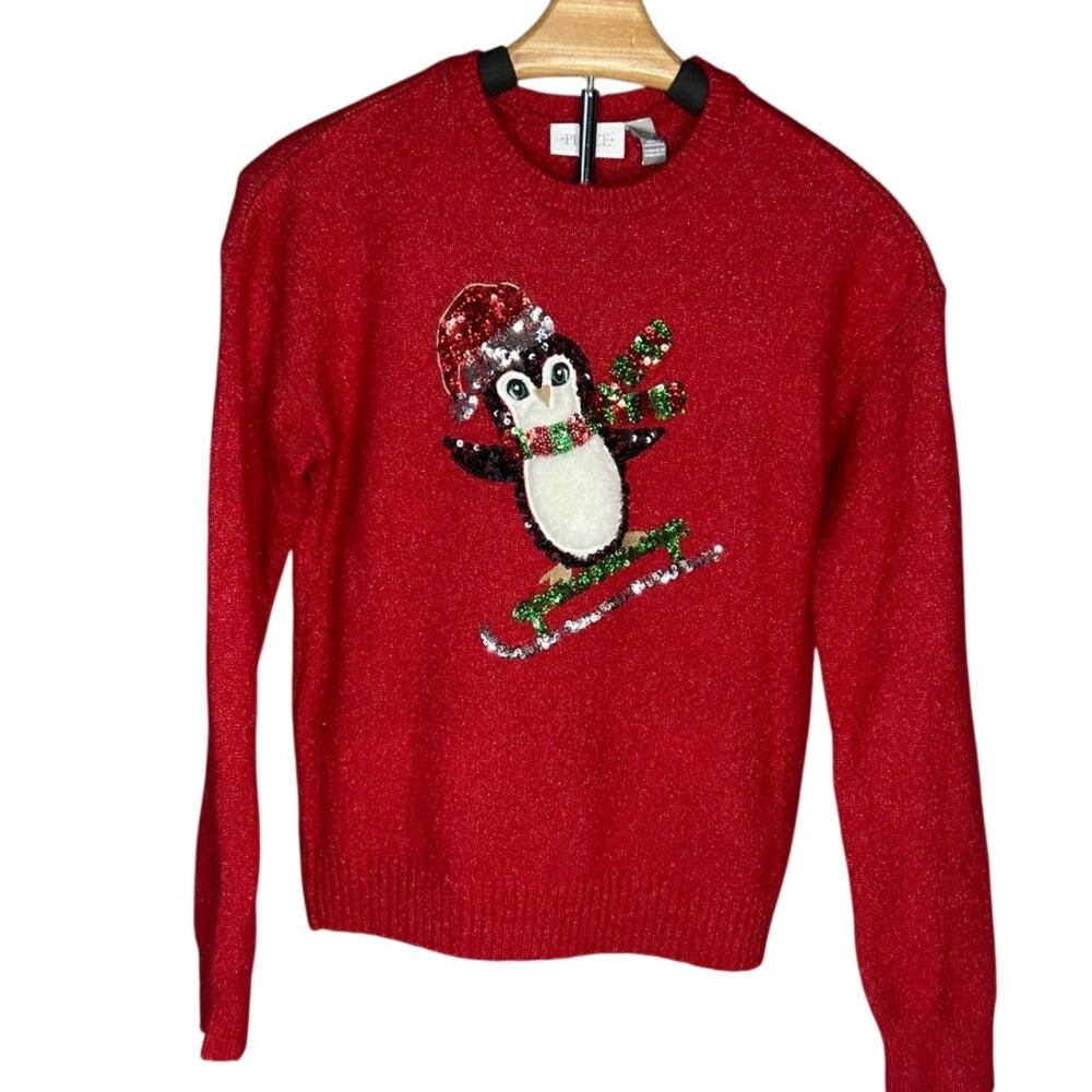 Children's Place Red sequin Penguin Christmas sweater sparkly knit girls 10-12